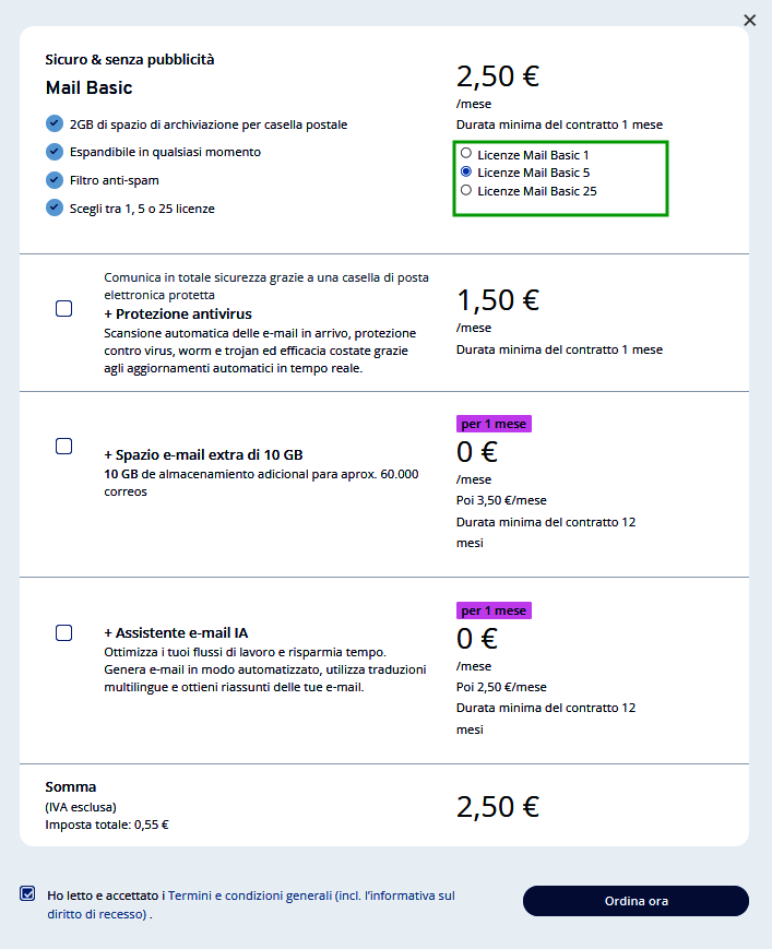 Immagine: Numero di licenze Mail Basic che si possono ordinare