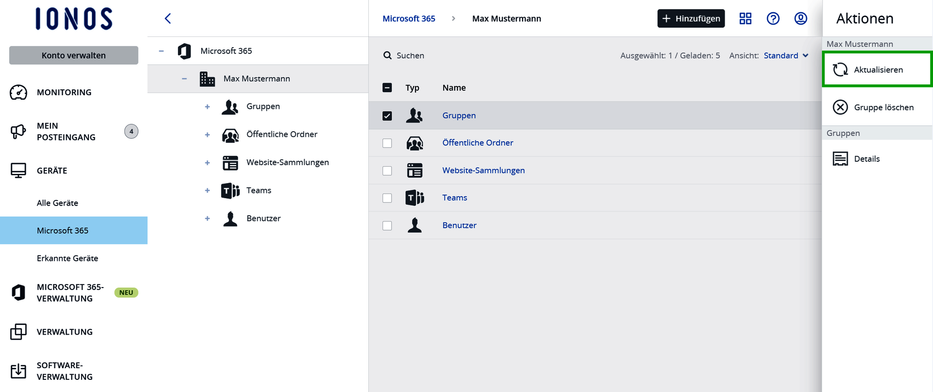 Screenshot: In der Cyber Protect-Konsole wird der Bereich Microsoft 365 angezeigt. In diesem Bereich ist im Aktionsmenü auf der rechten Seite der Menüpunkt Aktualisieren hervorgehoben.