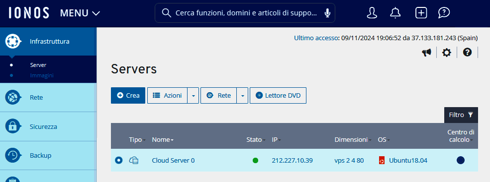 Immagine: area Server nel Cloud Panel
