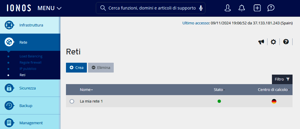 Immagine: tabella nella sezione Rete > Reti, in cui sono riportate le informazioni più importanti relative alle singole reti private.