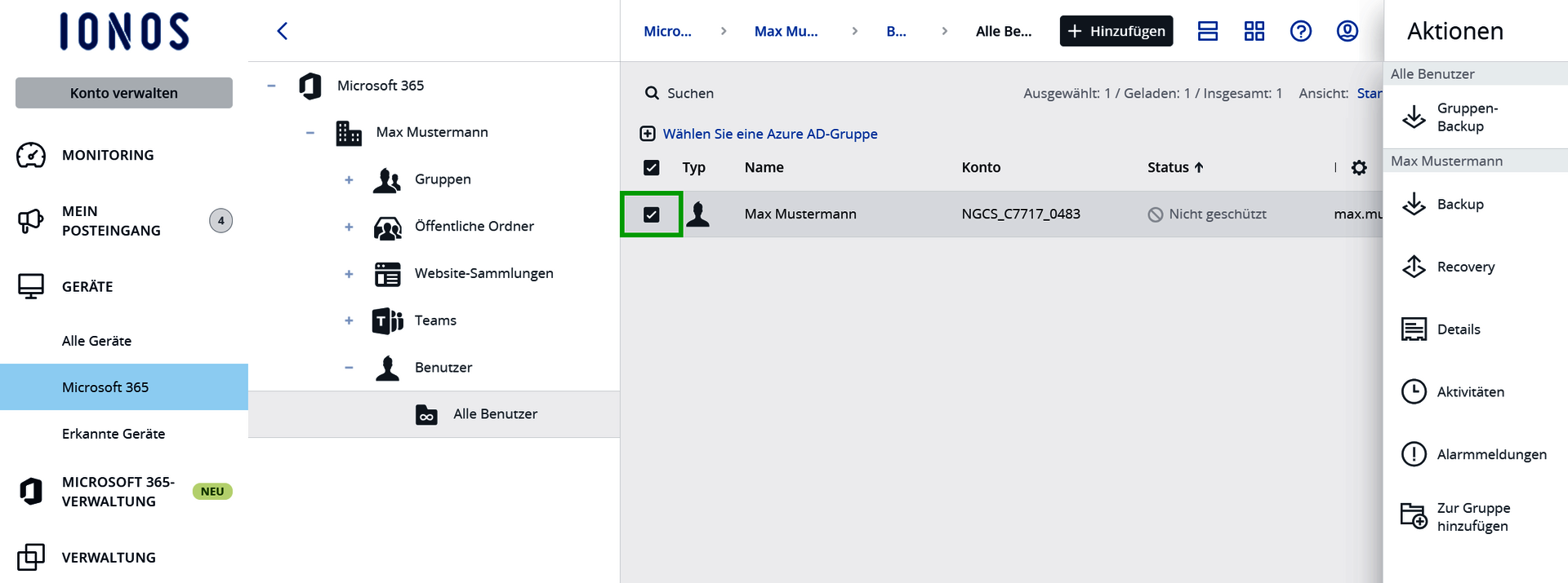 Screenshot: Der Bereich Microsoft 365 wird angezeigt. Unterhalb des ausgewählten Microsoft 365-Administratorkontos erscheint eine Liste. In dieser Liste ist unter dem Menüpunkt Benutzer der Unterpunkt Alle Benutzer ausgewählt. Im  Bereich Alle Benutzer ist ein Benutzer ausgewählt.