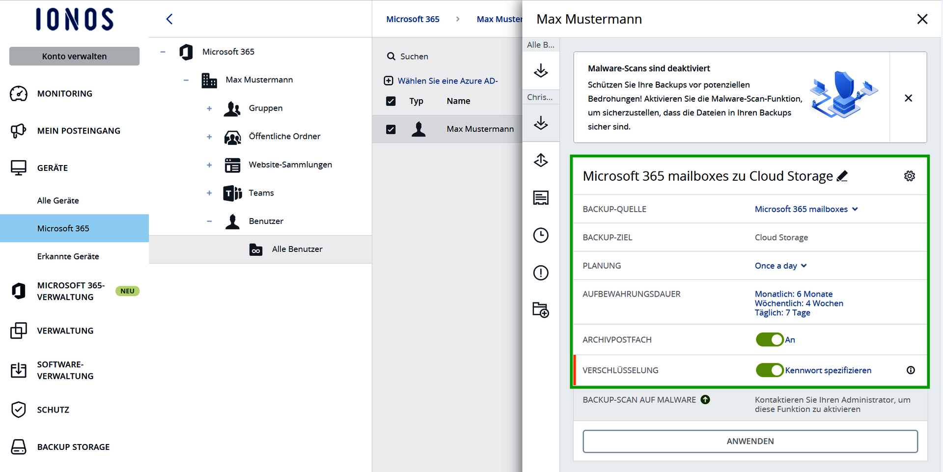 Screenshot: In der Cyber Protect-Konsole wird ein Schutzplan für Microsoft 365 angezeigt.