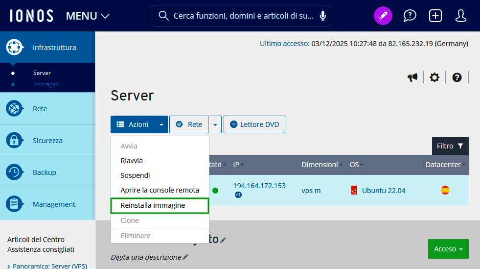 Immagine: menu Azioni con la voce di menu Reinstalla immagine nell'area Infrastruttura > Server