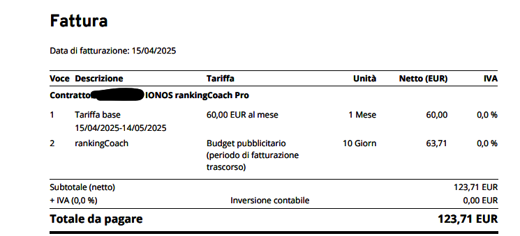 Immagine: schermata di una fattura IONOS con le voci di fatturazione descritte in questo articolo del Centro Assistenza.