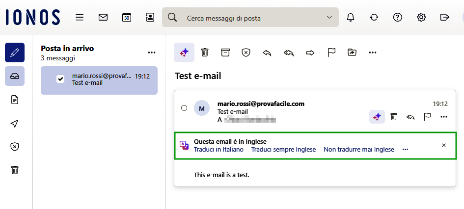 Immagine: avviso “Questa e-mail è in inglese” con le seguenti azioni: traduci in italiano, traduci sempre Inglese, non tradurre mai Inglese