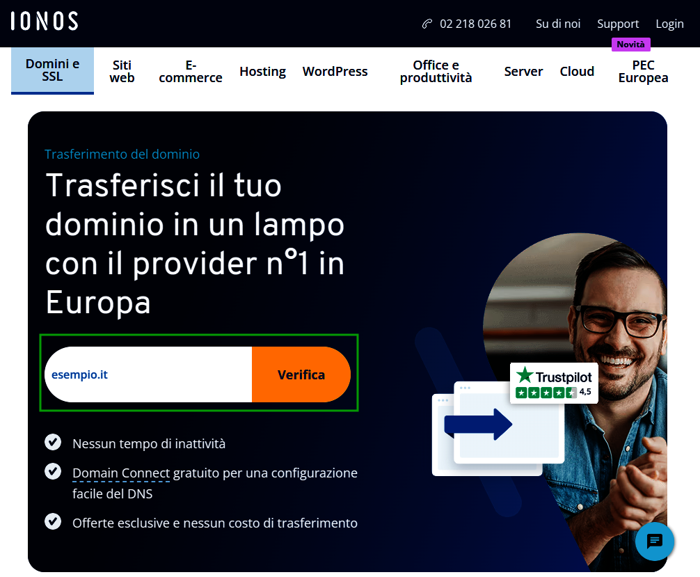 Pagina iniziale per il trasferimento del dominio su IONOS con il campo di inserimento del nome di dominio e pulsante "Verifica".