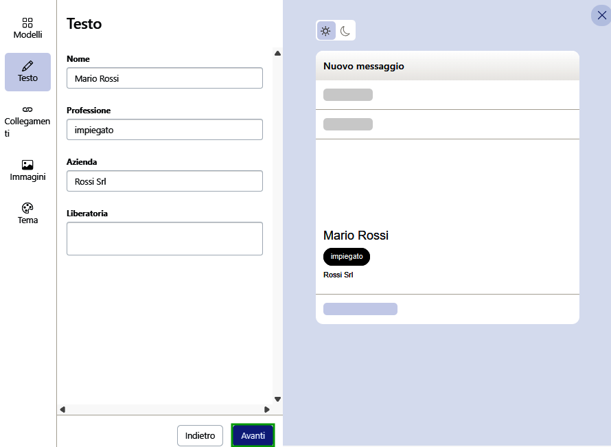 Immagine: pulsante Avanti nella sezione Testo