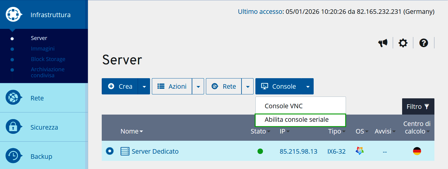 Immagine: pulsante Abilita console seriale