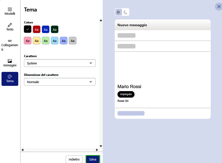 Immagine: pulsante Salva nella sezione Tema