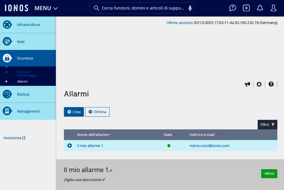 Immagine: Sezione Sicurezza > Allarmi