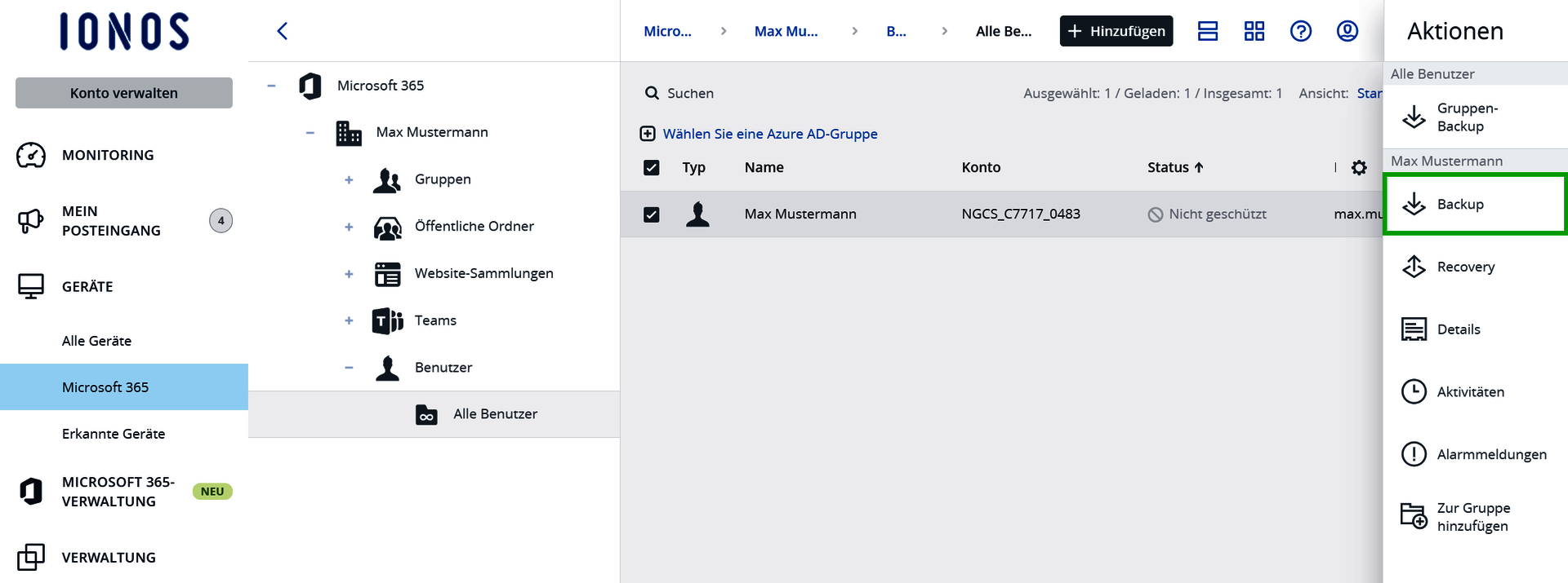Screenshot: In der Cyber Protect-Konsole wird der Bereich Microsoft 365 angezeigt. In diesem Bereich im Aktionsmenü auf der rechten Seite der Menüpunkt Backup hervorgehoben.