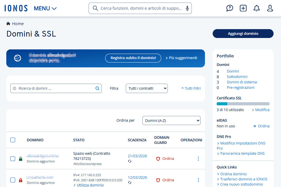 Immagine: il link per trasferire un dominio a IONOS nella sezione Domini & SSL.