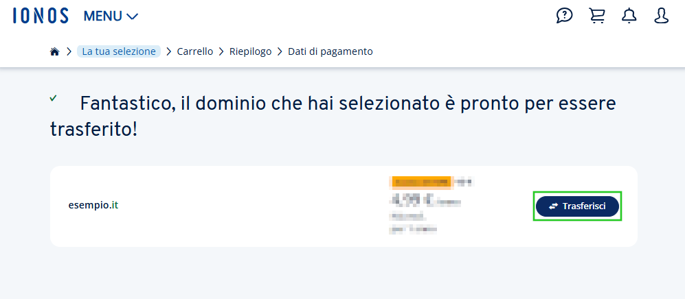 Schermata di conferma nel processo di trasferimento del dominio, che indica che il dominio example. it è pronto per essere trasferito.