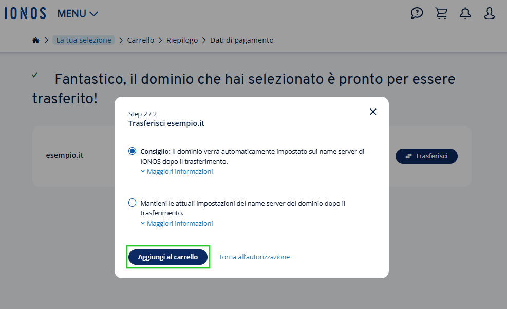 Finestra di dialogo per il trasferimento del dominio con la possibilità di scegliere tra IONOS name server e il mantenimento delle impostazioni correnti.