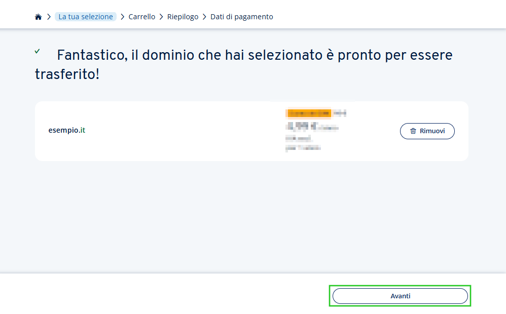 Pagina di conferma che il dominio esempio.it è pronto per il trasferimento, con il pulsante Continua in basso.