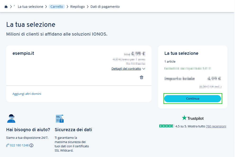 Il carrello di IONOS contiene il trasferimento del dominio esempio.it. Il pulsante "Avanti" conduce alla fase successiva.