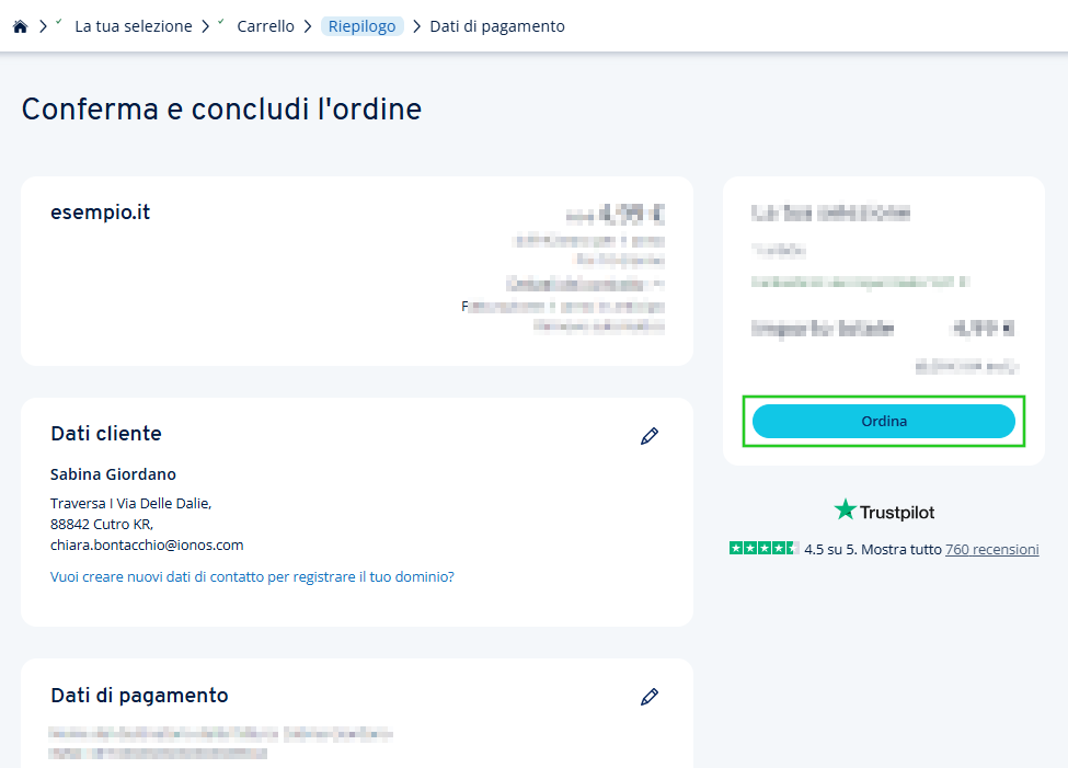 Pagina di riepilogo dell'ordine con un riassunto dei dati dell'ordine, i dati di contatto e bancari memorizzati e il pulsante "Ordina".