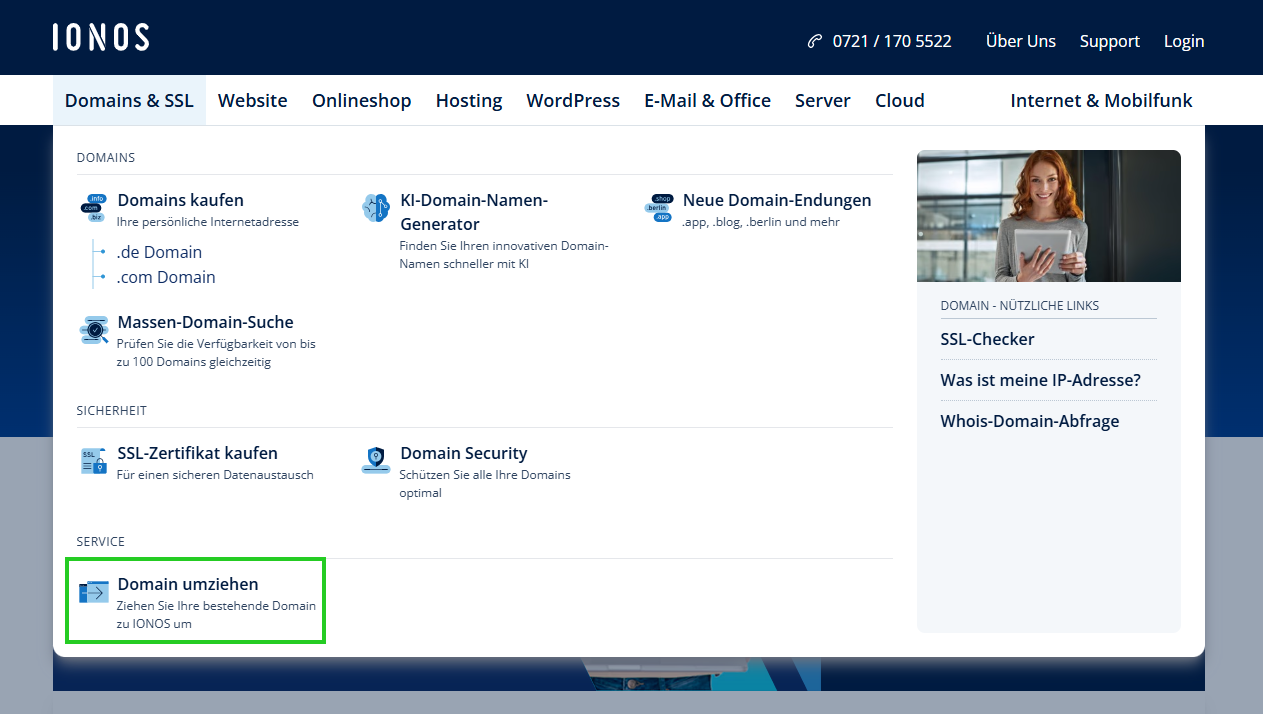 Il menu di navigazione "Domini e SSL" sul sito web IONOS con la voce di menu evidenziata "Trasferimento di dominio".