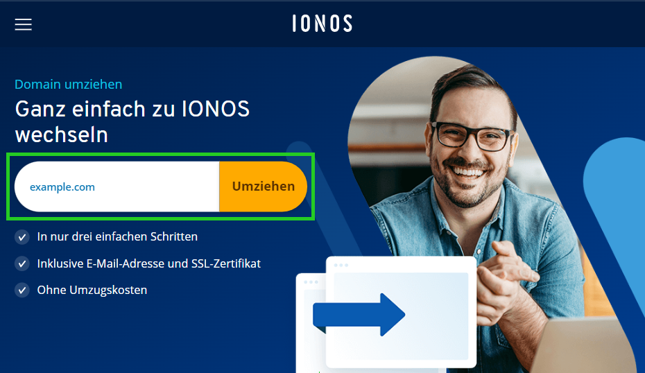 Pagina iniziale per il trasferimento del dominio su IONOS con il campo di inserimento del nome di dominio e il pulsante "Trasferisci".