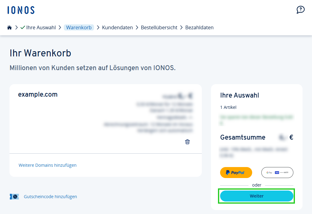Pagina del carrello all'indirizzo IONOS. Contiene il dominio example.com e un pulsante Continua per proseguire l'ordine.