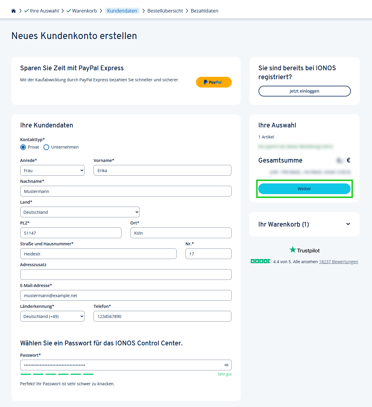 Modulo per la creazione di un nuovo account cliente su IONOS con campi per indirizzo, informazioni di contatto e password.
