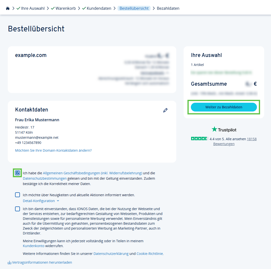 Riepilogo dell'ordine con i dati di contatto e la casella di controllo per confermare i termini e le condizioni generali di IONOS.