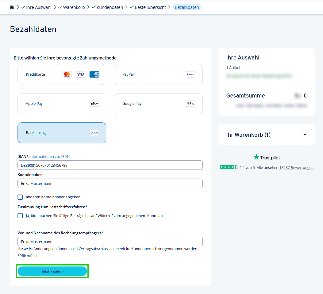 Selezionare il metodo di pagamento, selezionando l'addebito diretto e visualizzando i campi di immissione per l'IBAN e l'intestatario del conto. L'ultimo pulsante è "Acquista ora".