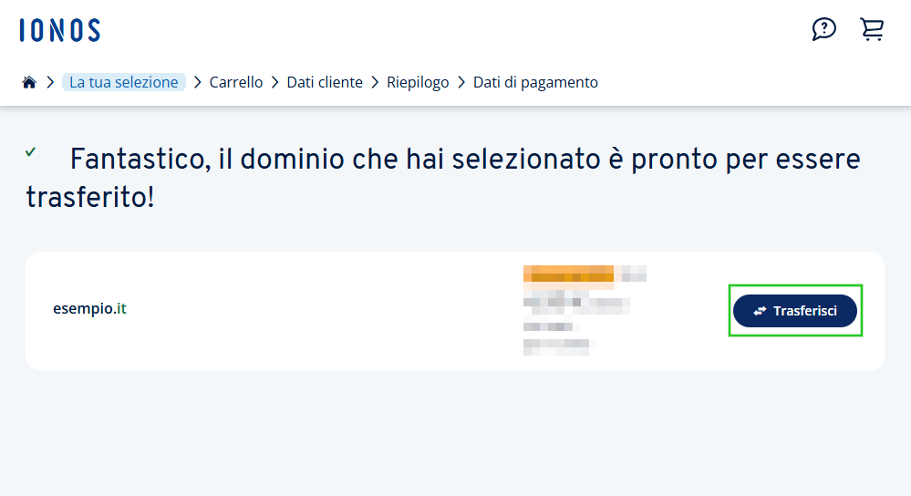 Pagina di conferma che il dominio esempio.it è pronto per essere spostato su IONOS con il pulsante "Trasferisci".