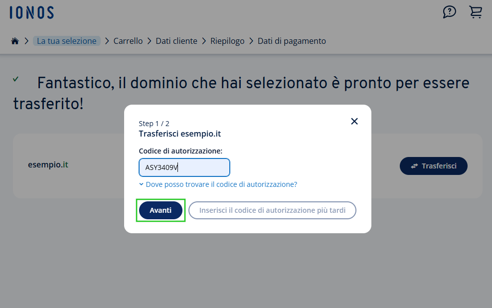 Finestra di dialogo per l'inserimento del codice di autorizzazione per il trasferimento del dominio IONOS.it.