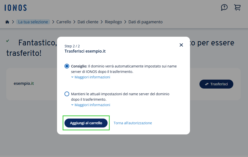 Finestra di dialogo per il trasferimento del dominio con la possibilità di scegliere tra name server IONOS e il mantenimento delle impostazioni correnti.