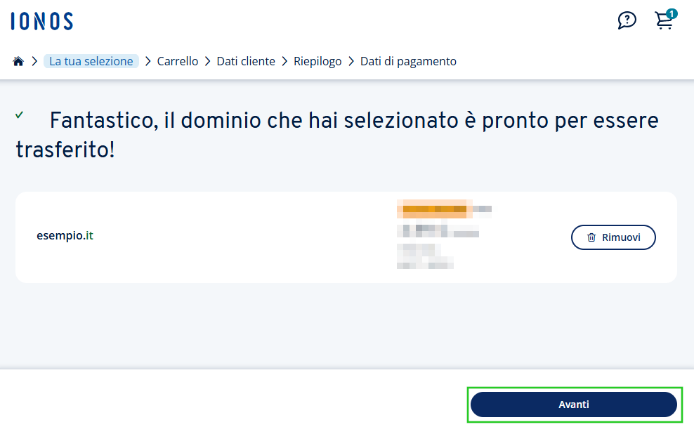 Pagina di conferma che il dominio example.com è pronto per il trasferimento, con un pulsante Avanti in basso.