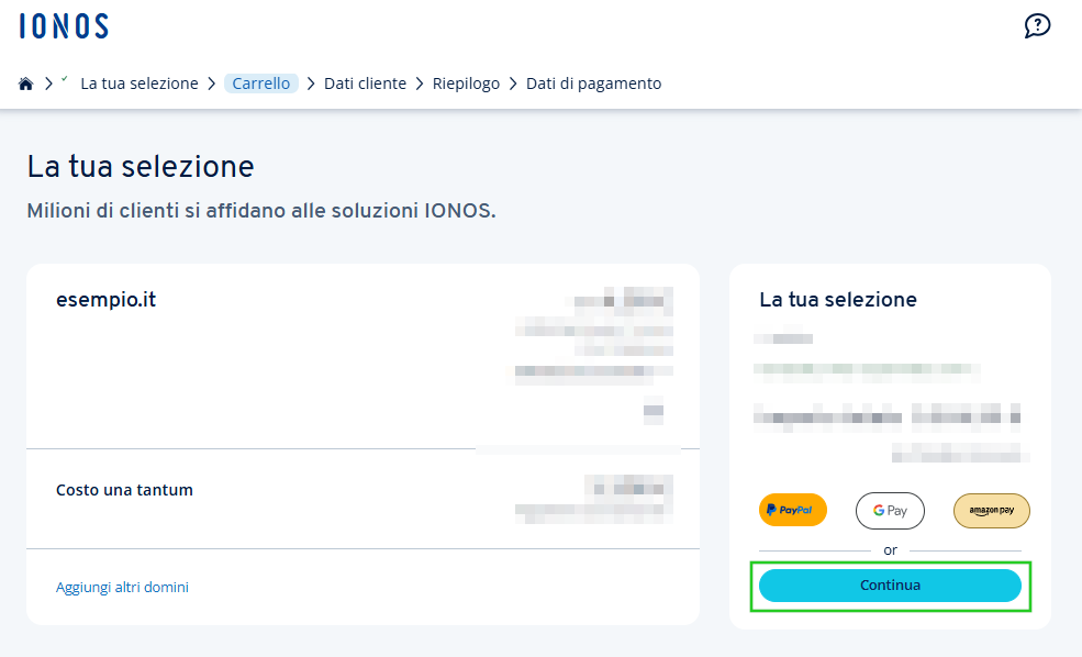 Pagina del carrello IONOS. Sono visibili il dominio esempio.it e il pulsante Continua per proseguire l'ordine.