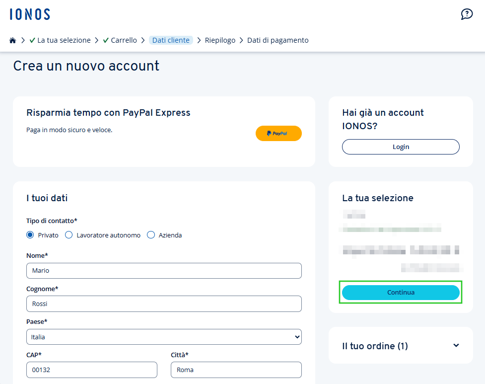 Modulo per la creazione di un nuovo account cliente su IONOS con campi per indirizzo, informazioni di contatto e password.