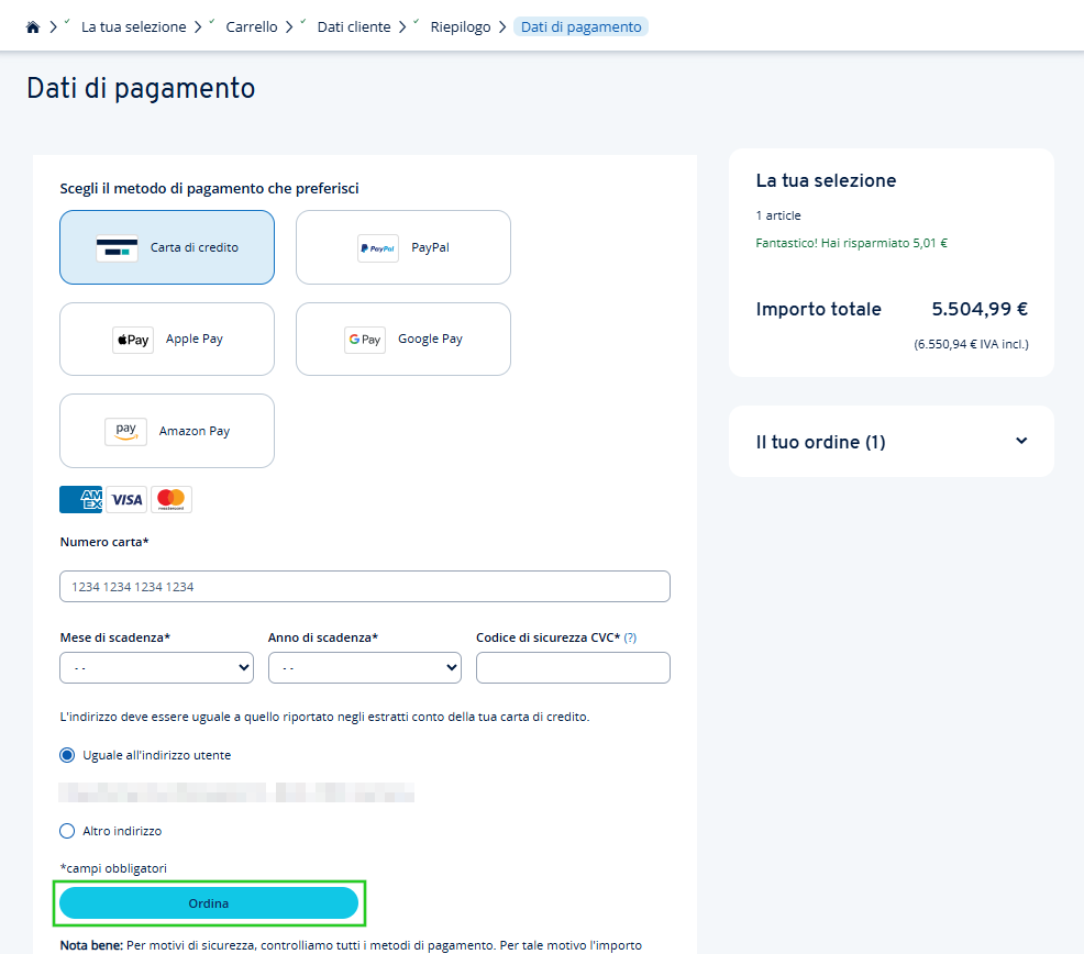 Scelta del metodo di pagamento, dove viene selezionato l'addebito diretto e visualizzati i campi di immissione per l'IBAN e l'intestatario del conto. L'ultimo pulsante è "Ordina".