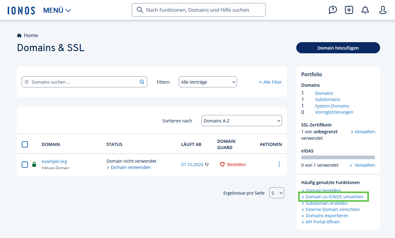 Interfaccia utente della sezione Domini e SSL dell'account IONOS. Il link "Sposta il dominio in IONOS " è evidenziato.