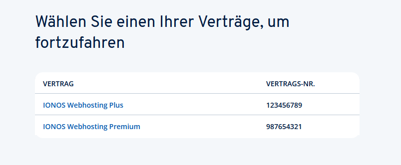 Elenco di selezione con i contratti disponibili su IONOS, ognuno dei quali mostra il nome e il numero del contratto.