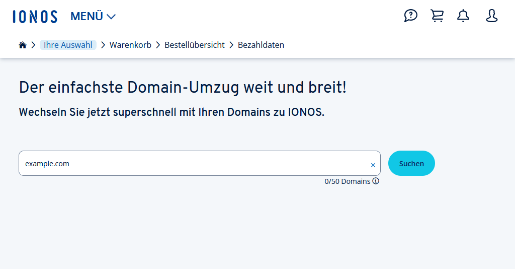 Pagina iniziale per il trasferimento del dominio su IONOS con un campo di immissione per il nome di dominio desiderato.