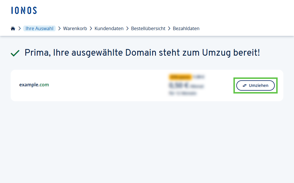 Vista di conferma nel processo di trasferimento del dominio, che mostra che il dominio example.com è pronto per il trasferimento.