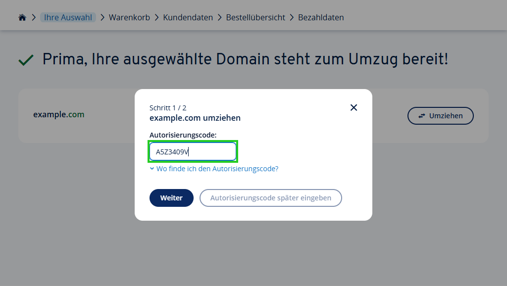 Finestra di dialogo per l'inserimento del codice di autorizzazione per il trasferimento del dominio da example.com.
