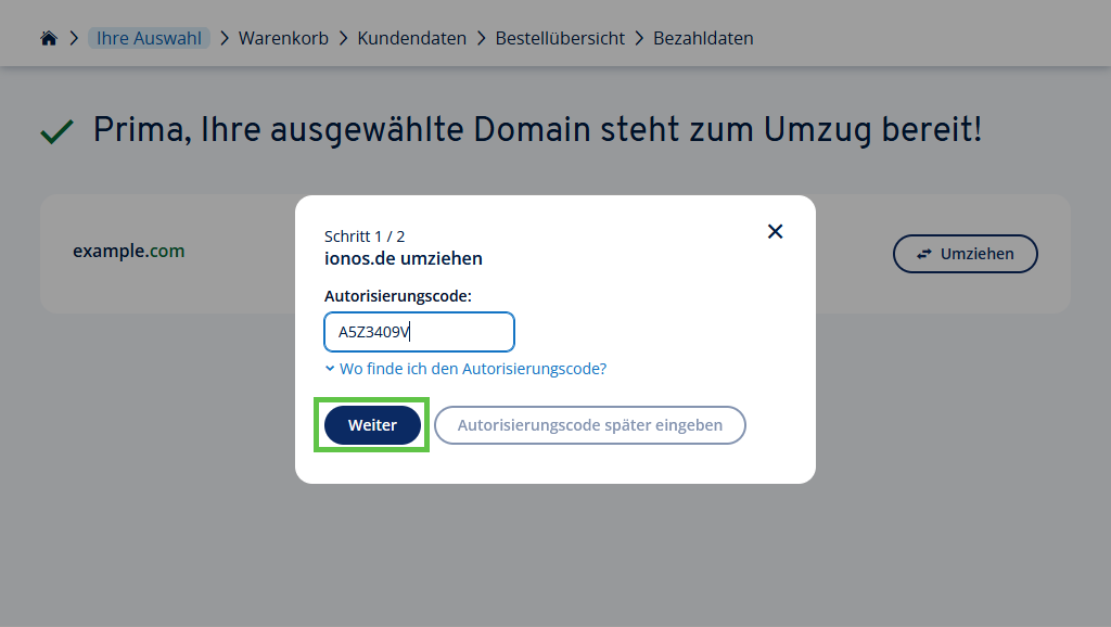 Finestra di dialogo per l'inserimento del codice di autorizzazione per il trasferimento del dominio IONOS.de.