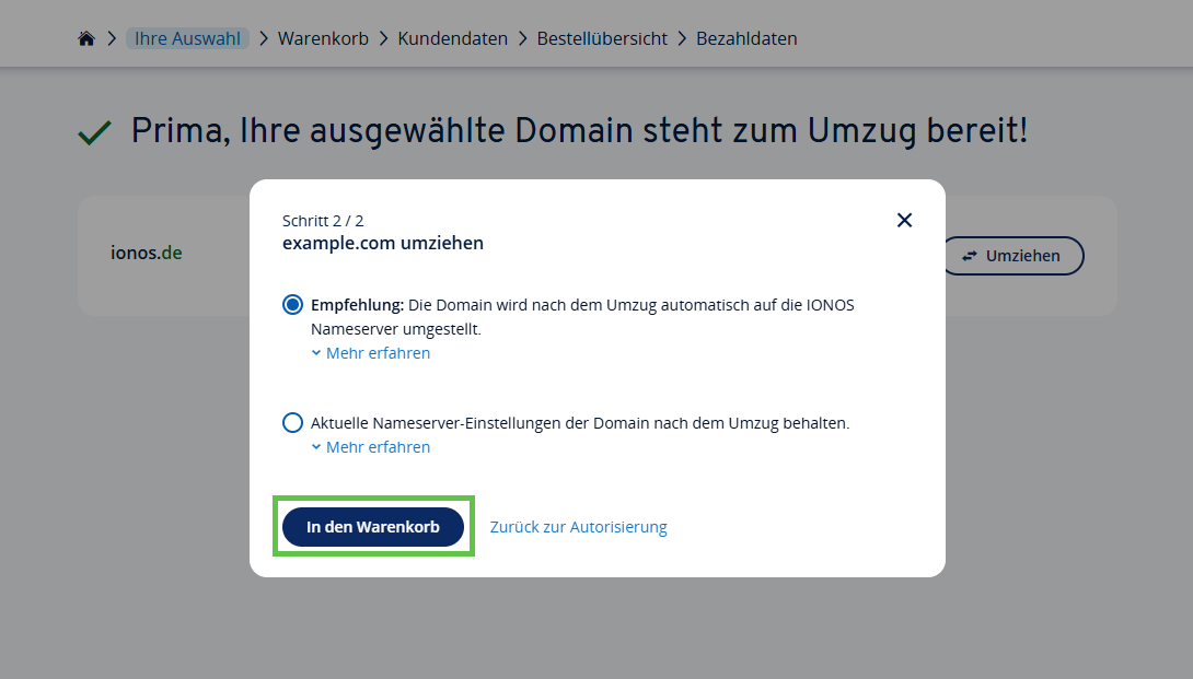 Finestra di dialogo per il trasferimento del dominio con la possibilità di scegliere tra IONOS name server e il mantenimento delle impostazioni correnti.