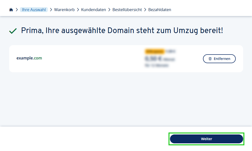 Pagina di conferma che il dominio example.com è pronto per il trasferimento, con un pulsante Continua in basso.