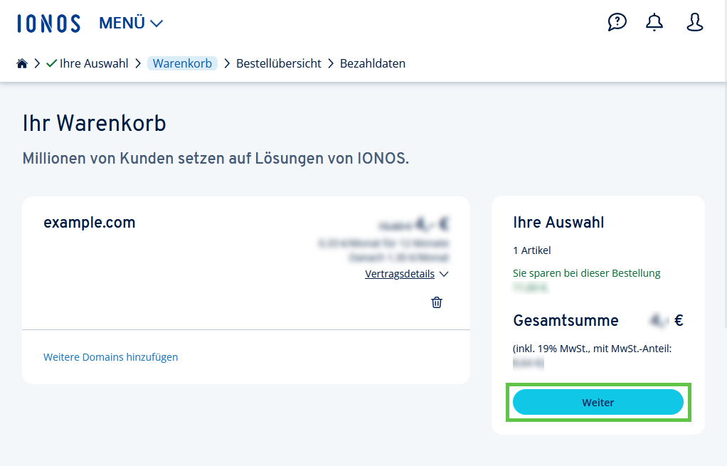 Il carrello di IONOS contiene il trasferimento del dominio example.com. Il pulsante "Avanti" conduce alla fase successiva.