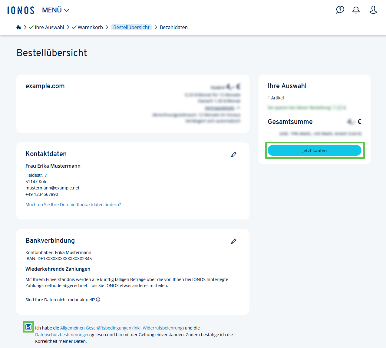 Pagina di riepilogo dell'ordine con un riepilogo dei dati dell'ordine, i dati di contatto e bancari memorizzati e il pulsante "Acquista ora".