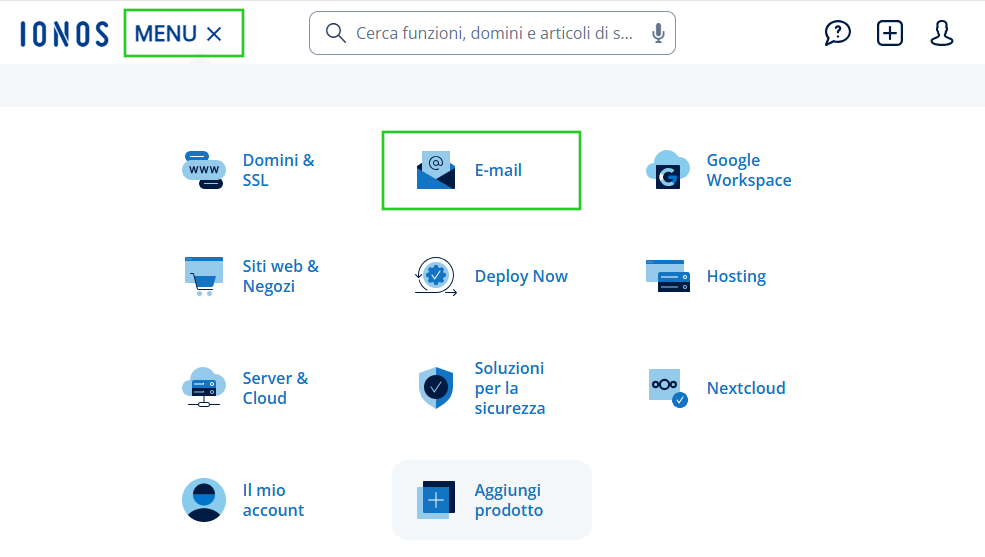 Immagine: pulsante E-mail nel menu dell' account IONOS.