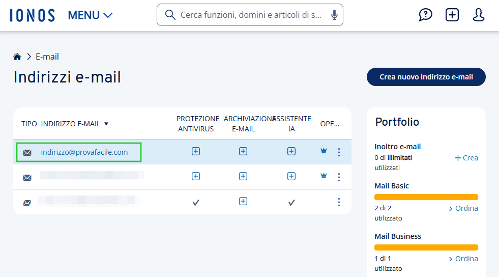 Immagine: panoramica degli indirizzi e-mail configurati.