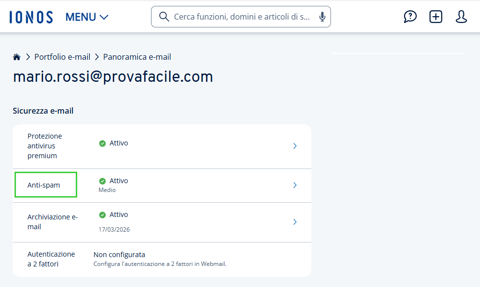 Immagine: voce di menu Anti-spam nelle impostazioni dell'indirizzo e-mail.