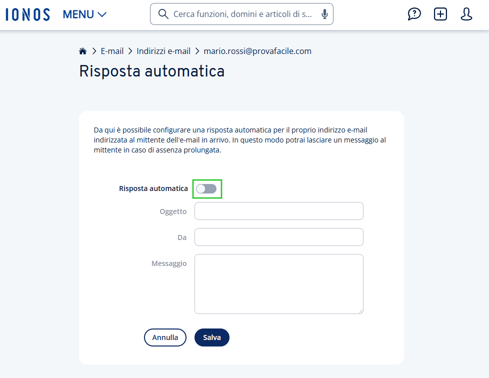 Immagine: cursore nella riga Risposta automatica.