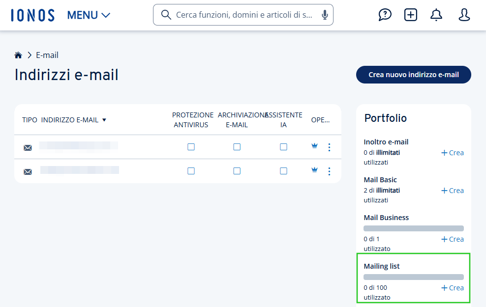 Immagine: link Crea, visualizzato nella pagina Indirizzi e-mail nella sezione Portfolio sotto Mailing list.