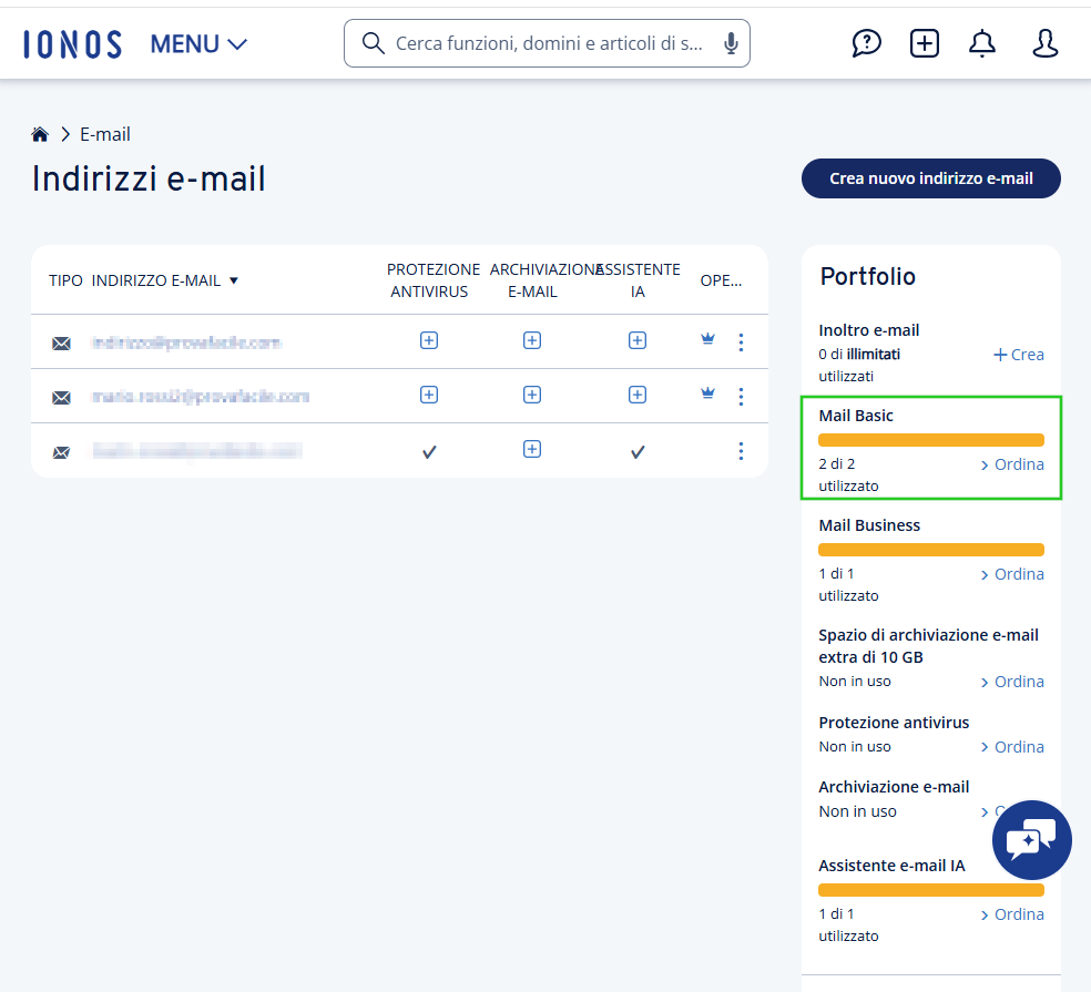 Immagine: link 'Ordina' nella panoramica degli indirizzi e-mail Mail Basic